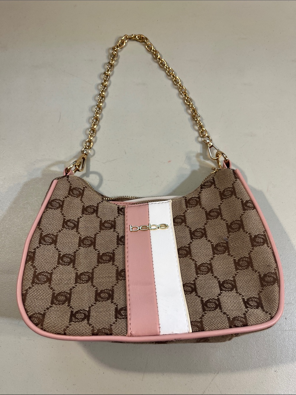 bebe Pink & Brown Logo Stripe Shoulder Bag